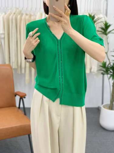 欧洲站夏季新款短袖 时尚V领薄款天丝V领针织上衣 胸围55衣长51
