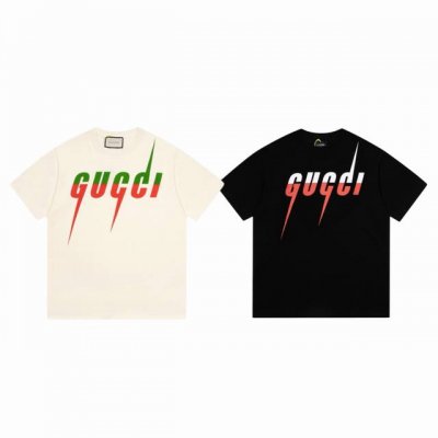 gucci 古驰 经典撞色拼色闪电刀锋字母 Logo 印花情侣圆领短袖T恤-顶级原单版本 Color：黑色 杏色 Size：S M L Xl Number：25