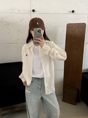 模特图 Ralph Lauren 拉夫劳伦 2025Ss 新款棉府绸大小条纹长袖休闲衬衫