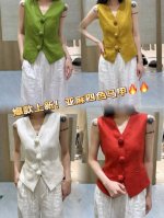 上衣 重磅上新！高品质！超好看！100%亚麻！欧货夏季新款时尚百搭休闲减龄立体花朵修身V领无袖显瘦气质马甲 红色 绿色 白色 黄色 Smlxl