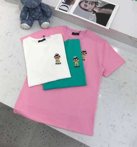 新品定制S, M, L pol**彩色刺绣螃蟹卡通熊字母Logo圆领短袖T恤 白色粉色绿色