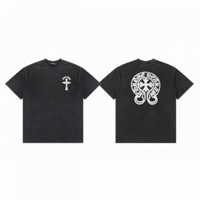 Chrome Hearts Ch 克罗心 十字架梵文马蹄发泡印花水洗做旧情侣圆领短袖T恤-顶级版本 Color：水洗黑 Size：S M L Number：25