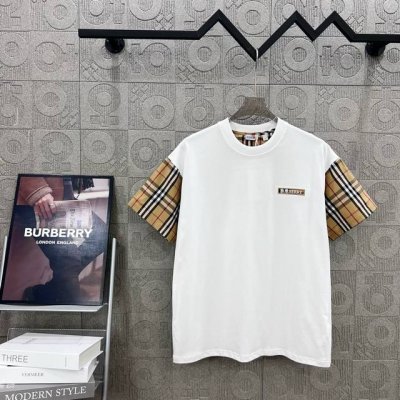 D Burberry 巴宝莉 格纹拼接字母Logo刺绣 Logo标识精致升级，灵感源自八十年代复古 原版面料 官方同款 短袖T恤 定制260克同缸染面料 手感非