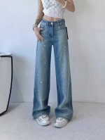 裤子 欧货烫钻高级感高腰水洗港风牛仔裤女春季百搭时尚宽松阔腿直筒裤 Smlxl M码腰围74裤长104 每个码胸围平铺腰围相差，衣长肩宽相差1厘米，以此类推
