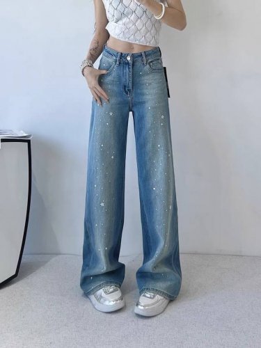 裤子 欧货烫钻高级感高腰水洗港风牛仔裤女春季百搭时尚宽松阔腿直筒裤 Smlxl M码腰围74裤长104 每个码胸围平铺腰围相差，衣长肩宽相差1厘米，以此类推