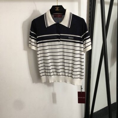 款号20252598 Gucc*新款 拼色条纹Polo领天丝针织衫 短袖上衣，黑白色，Sml， M码；肩宽36，胸围92，袖长22，长53