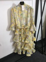 款号 5409 Zimmermann新款 气质花朵印花 系带收腰喇叭长袖连衣裙 蛋糕裙，黄色，S-Xl， L码；肩宽38，胸围102，腰围88，袖长49，总长1