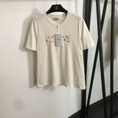 款号20252131 Celin*新款 贝壳扣装饰Logo刺绣字母短袖T恤，米白色，黑色，Sml， M码；肩宽39，胸围98，袖长22，衣长62