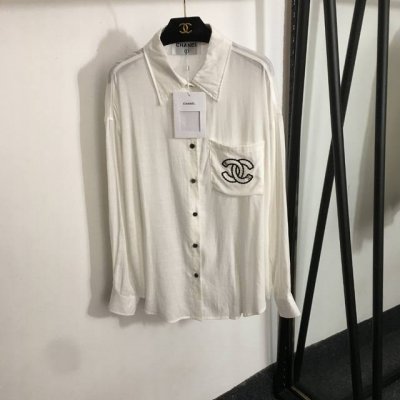 款号20253166 Chane*新款 小香Logo刺绣口袋长袖亚麻衬衣 白色 藏蓝色 Sml M码 肩宽58 胸围130 袖长54 衣长72