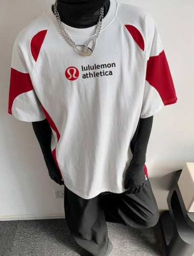 新款Lululemon 露露插肩撞色拼接Ins 领口螺纹针织情侣同款宽松落肩短袖T恤 面料: 300G重磅纯棉新疆长绒棉 采用特定重磅32S精棉平纹针织面料，3