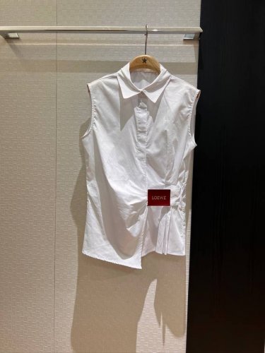 新款 Loewe皮标系带褶皱无袖衬衣 宽松休闲 时尚通勤 慵懒百搭 黑色白色 Sml