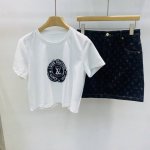 新款L Uls Vul *纯色微标Logo印花休闲宽松圆领短袖T恤牛仔短半裙套装Smlxl