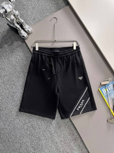 套装款！Prada 普拉达 2025新款 轻奢主义 梭织拼接 定制三角章Logo 男女日常通勤穿搭必备 休闲短裤 定制毛圈面料 腰标吊牌洗水唛三标齐全 颜色：黑