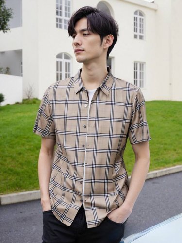 巴宝莉25夏季新款 经典格子系列 衬衣 高品质弹力冰丝面料 男女同款 短袖衬衣衬衫 颜色 卡其 蓝 尺码 M-4Xl