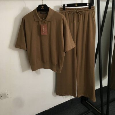 款号20253276 Loro piana* Lp新款纯棉套装 金扣polo领短袖T恤上衣+松紧腰阔腿长裤 咖色 黑色 Sml M码 肩宽53 胸围104 袖长
