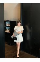 翻单出货！重工定制纯手工编织的珍珠领边人间赫本经典永不过时的法式小香风裙子泡泡袖收腰连衣裙女高级感生日礼裙领证小白裙日常气质约会聚会必备品 面料:仿丝毛 里布四