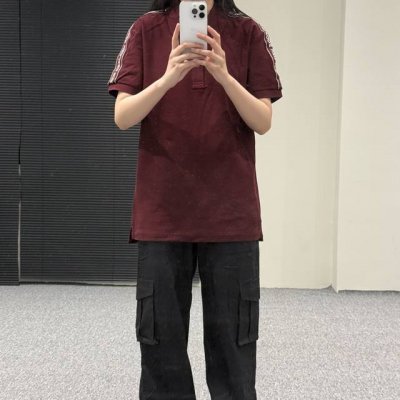 Bbr 短袖 条纹织带 polo 深紫红色 上身展示 模特试穿 Xs 码 身高 162Cm 47Kg 宽松