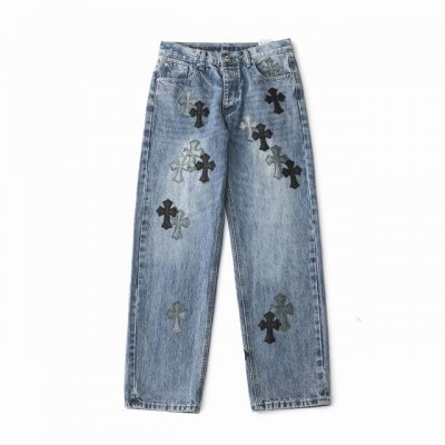 Chrome Hearts 25Ss星空限定十字架牛仔阔腿裤 意产特种牛皮印花再切割 订制羊皮三层粗线帖皮 整体拼接在重水水洗工艺 匠人手工泼墨 细节看的到 立