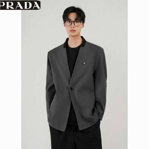 260 高品质Prada普拉达春季新款，男士撞色拼接领韩版一粒扣宽松小西装，男式垫肩休闲无领西服外套！ 颜色:高级灰，黑色 尺码:M-3Xl