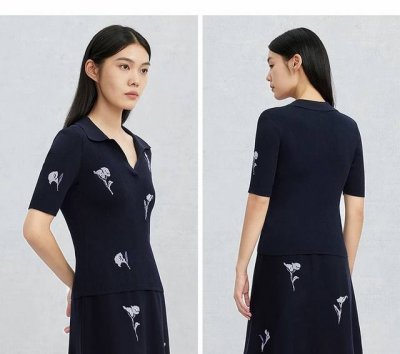 Er 花卉V翻领短袖 模特图