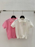 M家 早春新款 翻领撞色字母针织短袖 颜色：白色 粉色 尺码：36.38.40