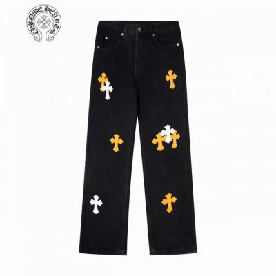 上新 Chrome Hearts ｜克罗心 Ch香港城市限定系列 梵文十字贴布拼皮牛仔裤- 黑橘配色 香港限定 潮流玩家们，克罗心香港城市限定牛仔裤震撼登场！