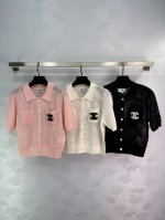 Ch*25夏季小香 亲肤绢丝亚麻，小翻领立体镂空针法+花边双C章仔小开衫短袖。精致气质时尚百搭 粉红 米白 黑色3色3码Sml T226B