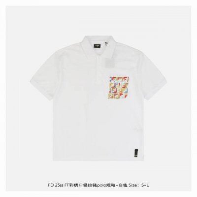 fendi 芬迪 25Ss Ff彩绣口袋拉链polo短袖-白色 原版 G全棉珠地面料 前胸口定位 车工口袋形狀 口袋19个F撞色线刺绣 后幅刺绣 Ff 图案 定