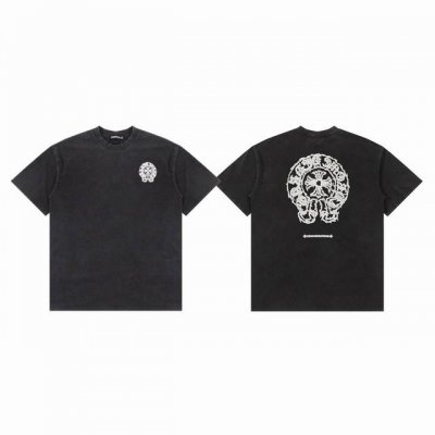 chrome Hearts Ch 克罗心 前后马蹄发泡印花水洗做旧情侣圆领短袖T恤-顶级版本 Color：水洗黑 Size：S M L Number：25032