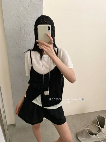 烫钻吊带假两件短袖