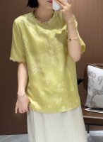 大爆款翻单出货 精致洋气桑蚕丝金线丝玫瑰蝴蝶拼雷丝上衣 面料:60%桑蚕丝 10%金线丝 30%人丝 颜色:杏白色 黄色 紫色 尺码:S-Xl