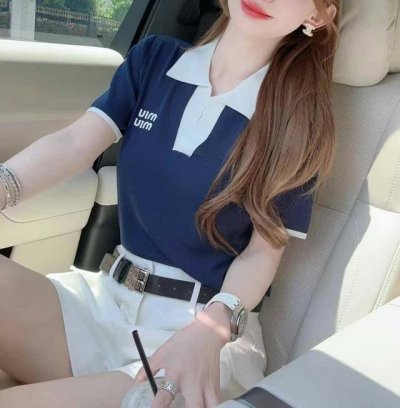 韩系复古polo领设计感短袖T恤新款撞色修身正肩短上衣 均码 天丝