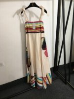 款号20252183 Zimmermann新款 蝴蝶印花拼色条纹吊带连衣裙，杏色，S-Xl， M码；胸围72弹力，腰围70弹力，长120