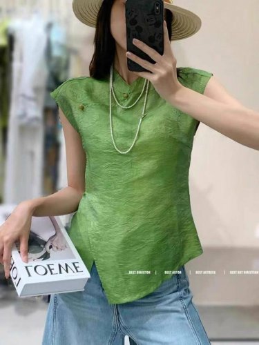 上衣 高品质 100%人丝提花高级复古肌理感衬衫高奢贵气感不规则开叉上衣 Smlxl