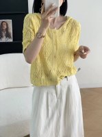休闲气质灰色连帽短袖针织衫宽松显瘦勾花镂空毛衣打底上衣 均码 天丝