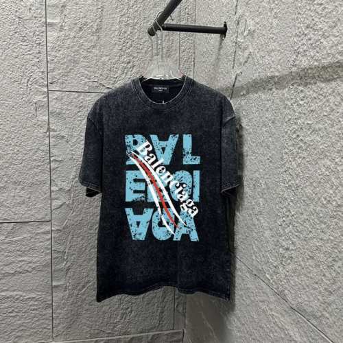 P100 Bal*巴黎*2025春夏季新款 雪花做旧洗水复古圆领短袖 胸前Logo 简约字母大片印花 定制面料 短袖T恤 男女同款 颜色：雪花黑 雪花蓝 雪花粉