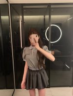 Miumi*经典格子拼接polo衫短袖T灯笼裙裤套装～～Sml
