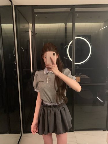 Miumi*经典格子拼接polo衫短袖T灯笼裙裤套装～～Sml