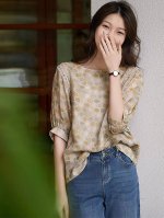 爆款推荐，清爽｜拥抱清雅 い舒适透气天丝苎麻几何印花灯笼袖今年流行的小衫上衣Smlxl