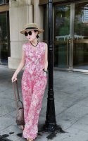 简约帅气苎麻印花简约马甲+阔腿阔套装裤子后背松腰粉色S--Xxl