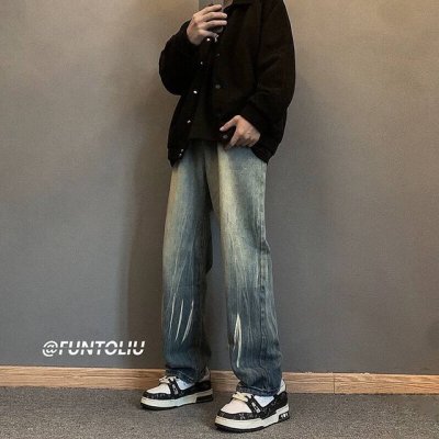 款号Xk2477 fog美式Vibe裤子秋季男款高街水洗做旧渐变蓝牛仔裤潮流宽松直筒长裤 美式Oversize百搭版型 上身效果尽显潮流时尚 简直不要太酷了 中