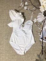 小香重工荷叶花边袖纯色甜美仙气弹力紧身衣连体泳衣 Smlxl