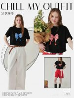 ronron韩国潮牌蝴蝶红蓝印花简约短袖T恤 颜色 黑红印花 黑蓝印花 白色 码数 S M
