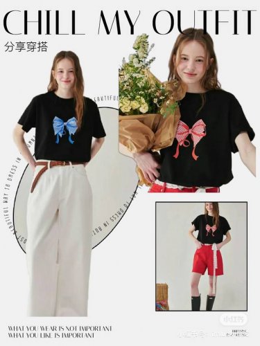 ronron韩国潮牌蝴蝶红蓝印花简约短袖T恤 颜色 黑红印花 黑蓝印花 白色 码数 S M