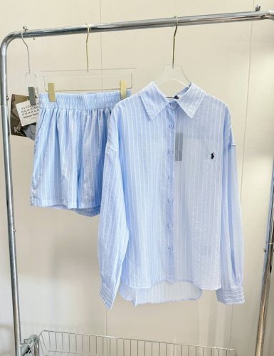 高品质 品名：Ralph Laure* 战马刺绣夏日空调条纹天丝亚麻衬衫短裤套装 尺码：S.M.L 颜色：清新蓝 行走的空调套装，夏日续命装备！物理防晒很重要！