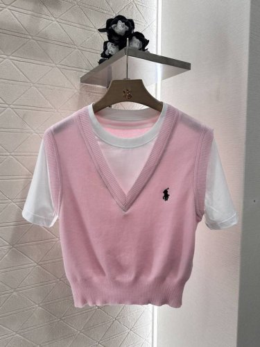 ralph Lauren*2025新品上架 撞色假两件针织上衣 定制Yb全棉纱线织造 舒适软糯 弹力十足 圆领短袖内衬V领针织背心 打造假两件版型 内里于领口袖
