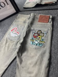 oc-617 evisu脏脏做旧牛仔长裤Evisu 福神牛仔裤 情侣款特供中山原厂原浆牛仔 面料环保 做旧拼接元素 和带有欧美风格的腰果花组合 与M的完美结合