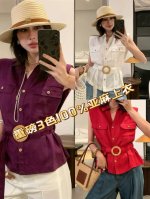 重磅100%亚麻上衣3色 高品质 欧洲站2025夏季新款时尚百搭显瘦翻领收腰显瘦设计无袖衬衫休闲3色紫色 红色 白色Smlxl