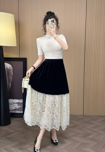 春夏上新 真丝丝绒拼蕾丝长裙 两色S-Xl ，黑色，杏色