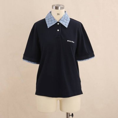 5Ss新款 25Ssmiumiu李兰迪同款拼接格子T恤Smlp ：蓝